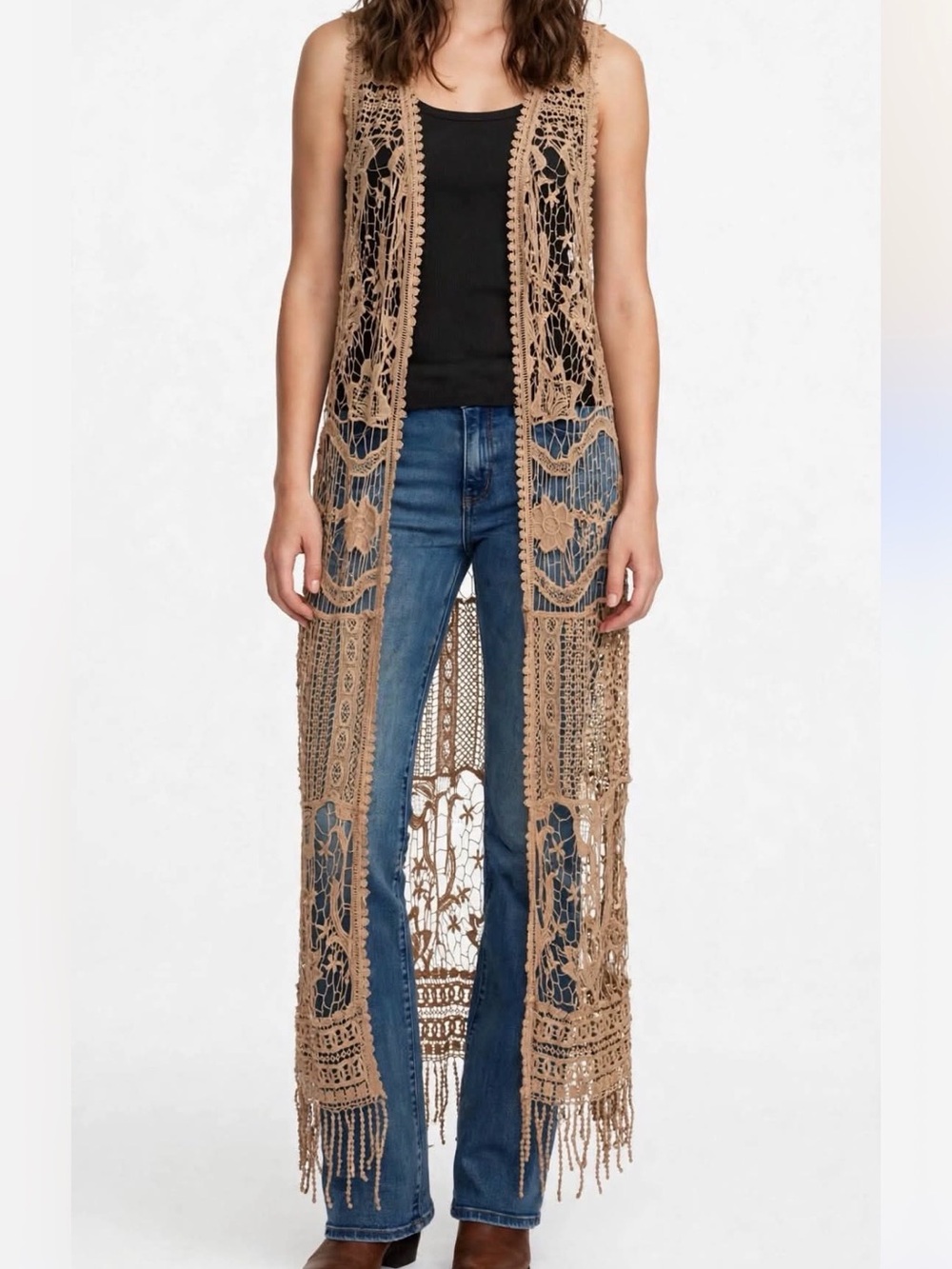 Wishlist Boutique Women's One Size Crochet Lace Kimono Vest Cover-up Long Duster